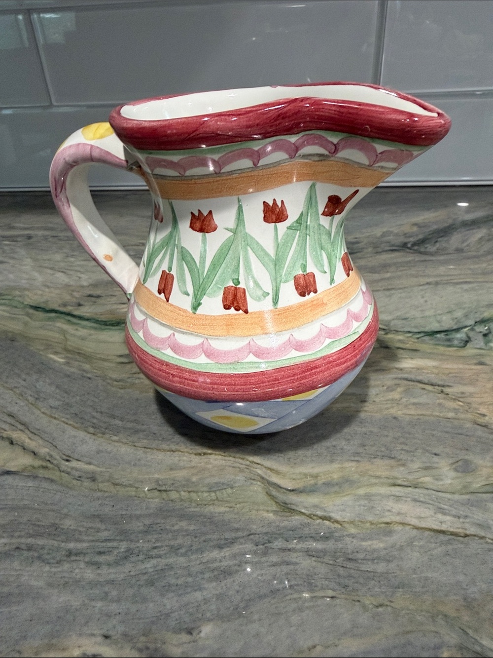 Hand-Painted Floral Ceramic Pitcher - Multicolor